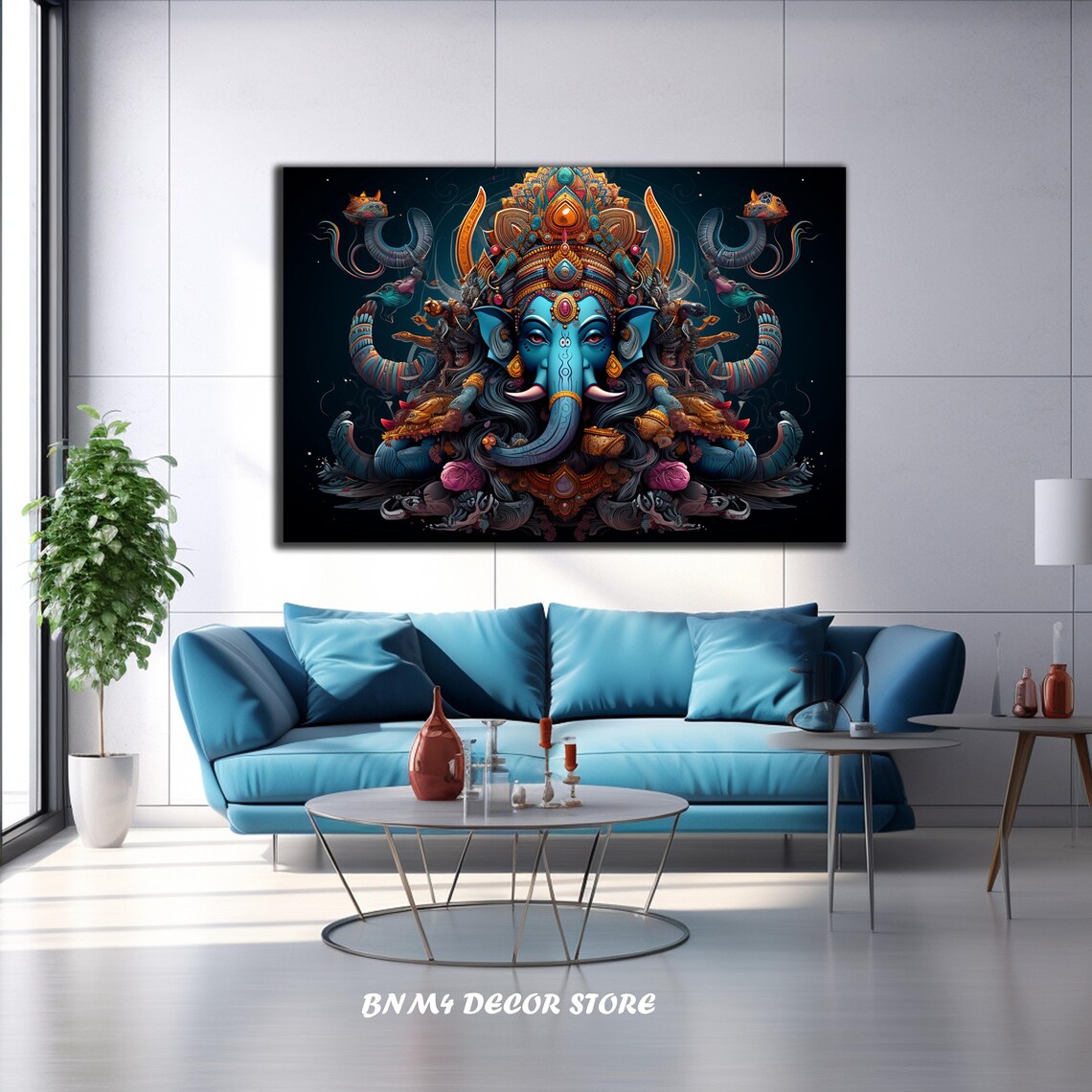 Ornate Blue Lord Ganesha with Jeweled Headdress on Black Poster