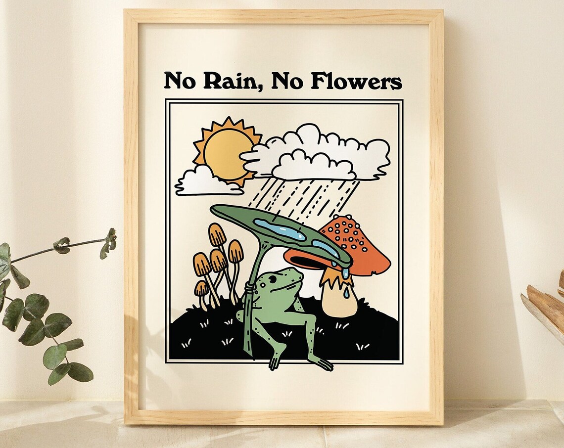 Retro Frog and Mushroom Vintage Poster, Green Quote