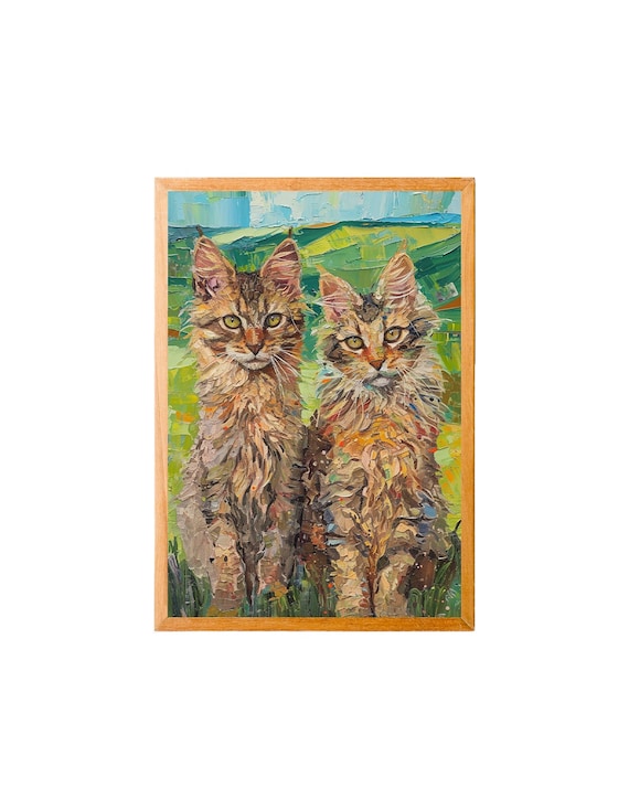 Two Maine Coon Cats Impasto Oil Painting Style Fine Art Poster