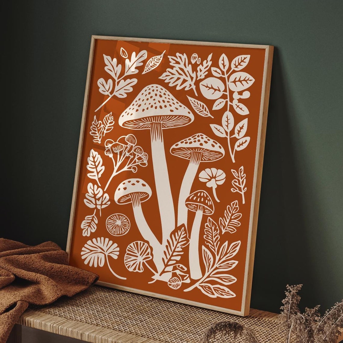 Burnt Orange Mushroom Botanical Forest Floor Linocut Style Poster