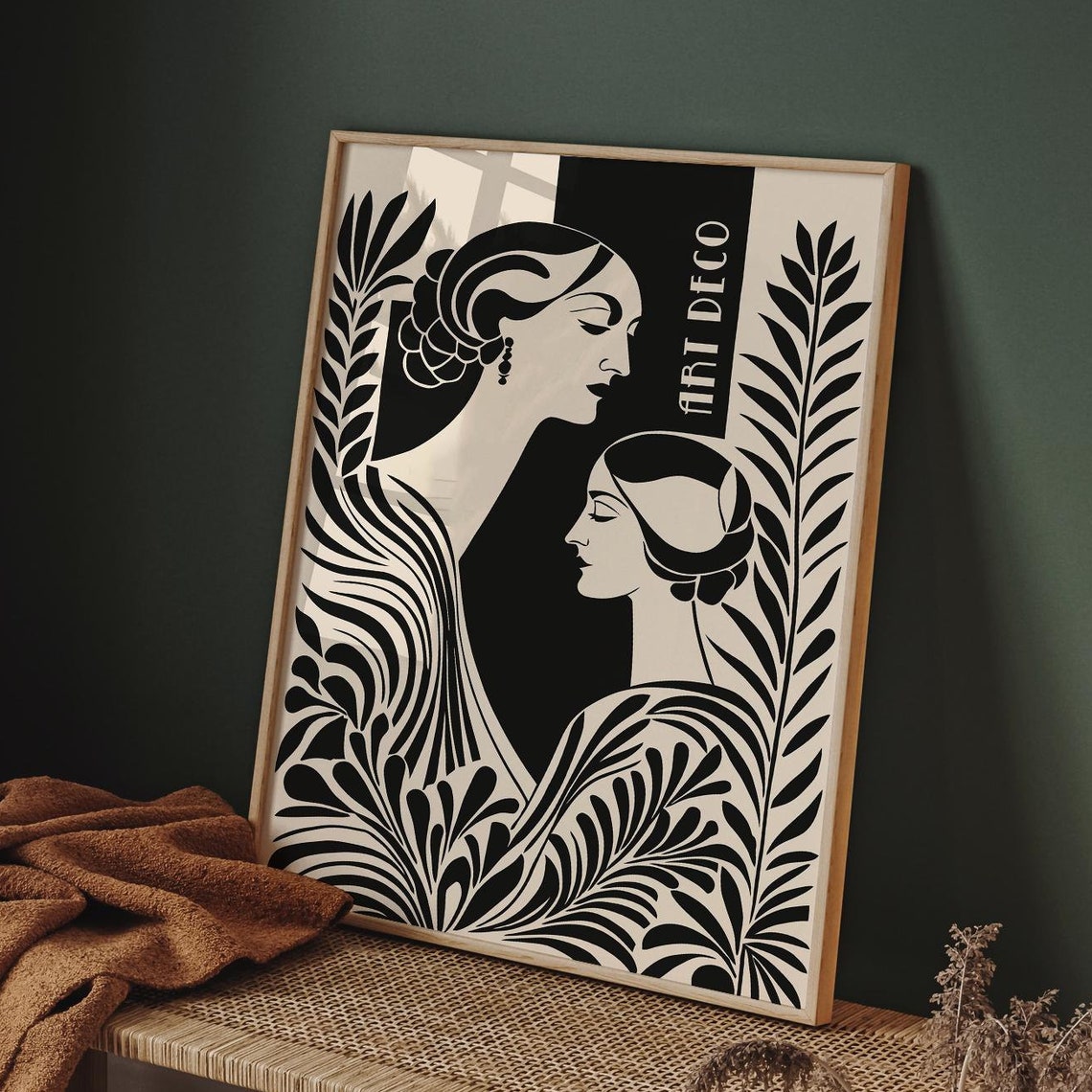 Art Deco Double Profile Women Black Beige Elegant Art Poster