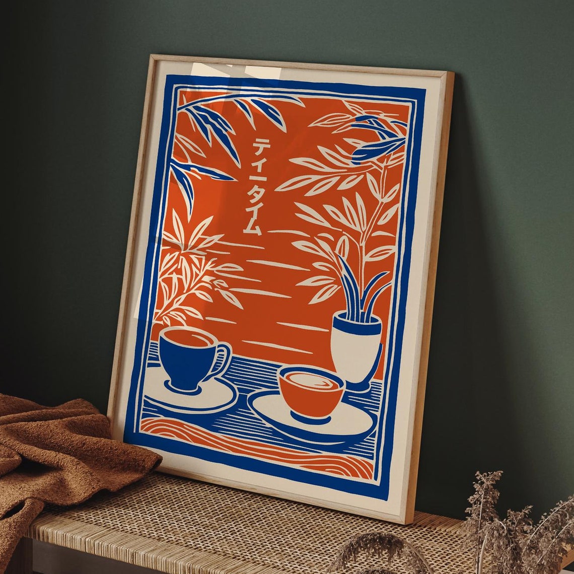 Japanese Tea Time Orange and Blue Cups Bamboo Zen Kitchen Art Poster