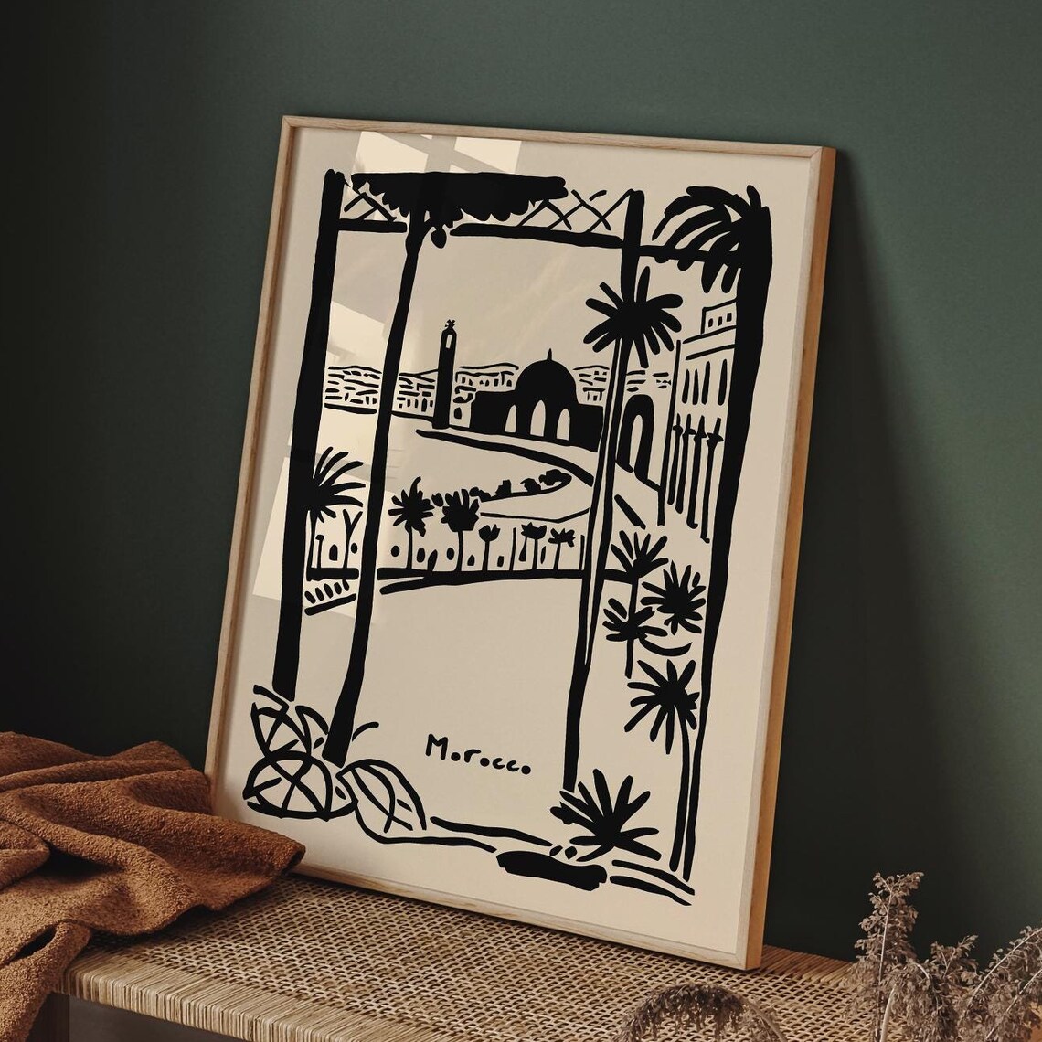 Morocco Terrace View Black Ink Sketch Palm Tree Travel Poster