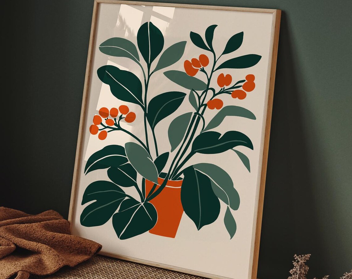 Minimal Botanical Poster Terracotta Pot With Orange Berries Art