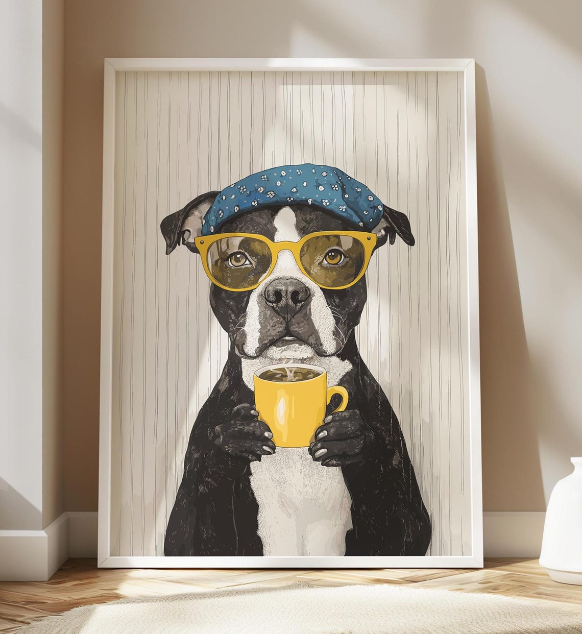 Pit Bull in Blue Bandana and Sunglasses Holding Coffee Poster