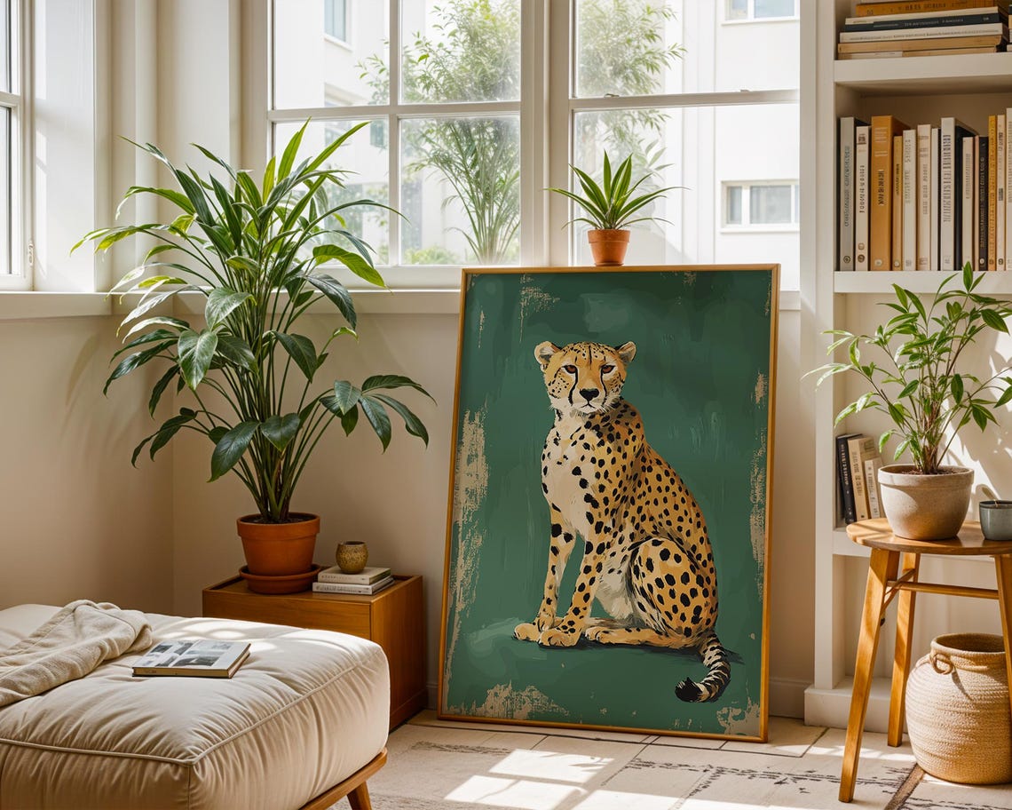 Wild Cheetah Wall Art Trendy Poster Leopard Print Decor Retro Vintage Drawing Animal - Image 2