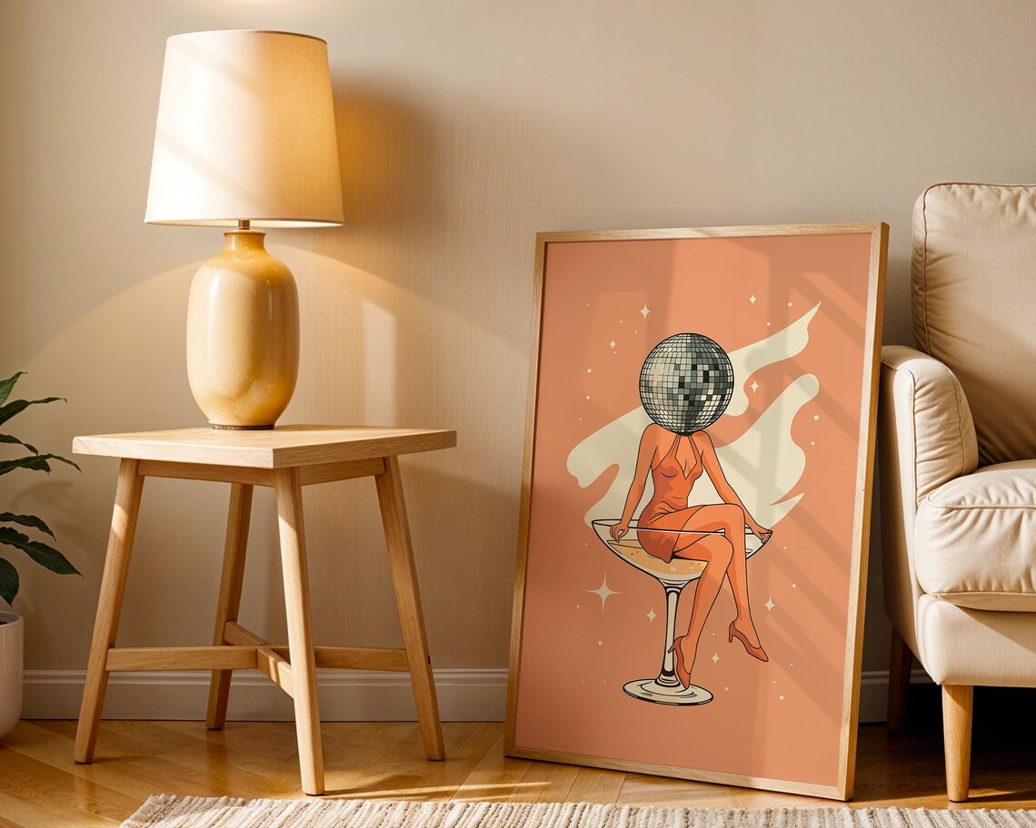 Chic Disco Ball Head Woman on a Martini Glass Retro 70s Wall Art - Image 3