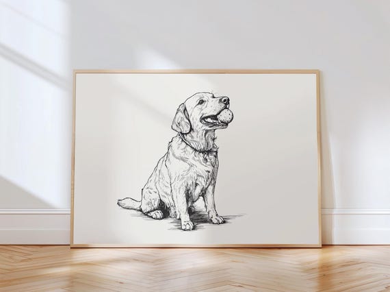 Cute Golden Retriever Dog With Ball Vintage Print Drawing Farmhouse Antique Painting Country Wall Art Nursery Sketch