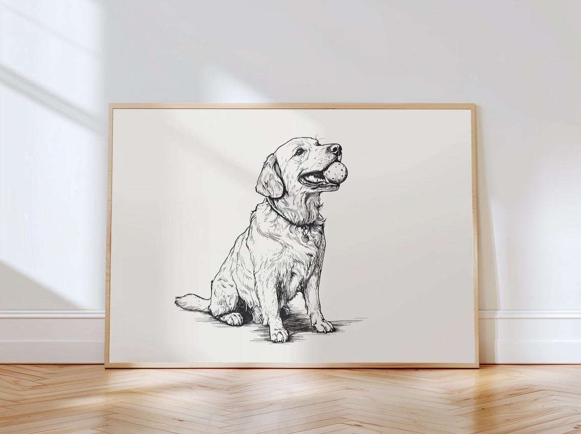 Cute Golden Retriever Dog With Ball Vintage Print Drawing Farmhouse Antique Painting Country Wall Art Nursery Sketch