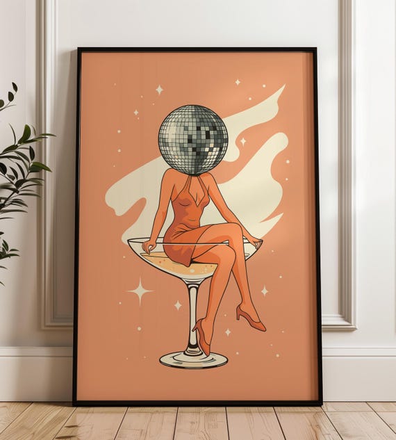 Disco Ball Print Retro Wall Art 70s Poster Girly Dorm Room Trendy Bar Cart Funky Home Decor Vintage Drawing