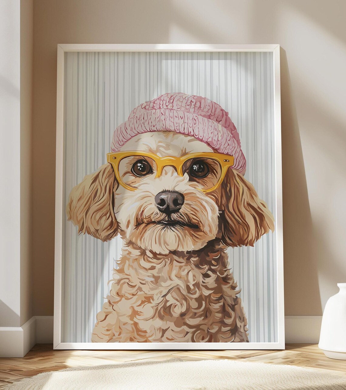 Cavapoo in Pink Knit Beanie and Yellow Glasses Dog Art Poster