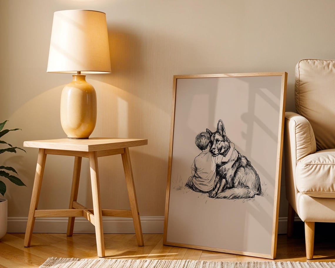 Boy Embracing German Shepherd Dog Sweet Ink Drawing Art Poster - Image 3