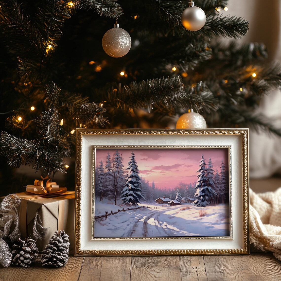 Pink Winter Forest Cabin Snowy Dusk Landscape Wall Art Poster - Image 5