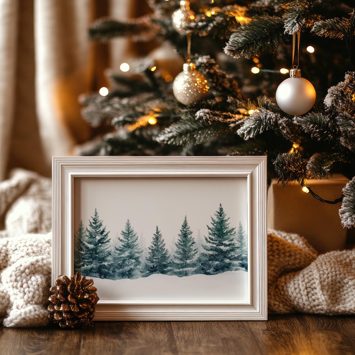 Winter Pine Trees Watercolor Snowy Forest Landscape Art Poster - Image 6