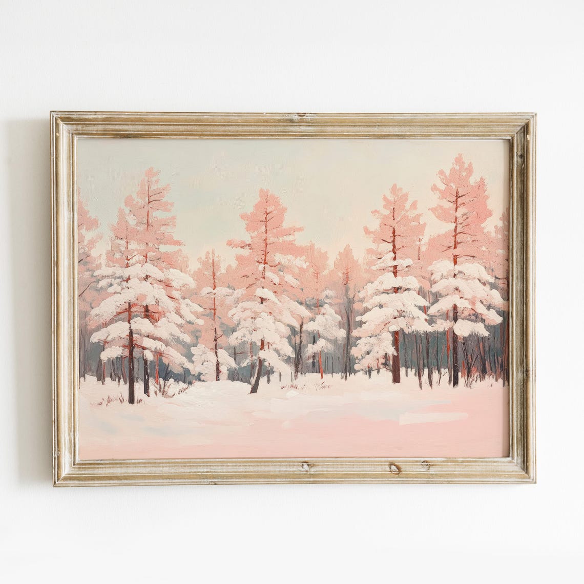 Blush Pink Pine Forest Snowy Winter Landscape Wall Art Poster - Image 6