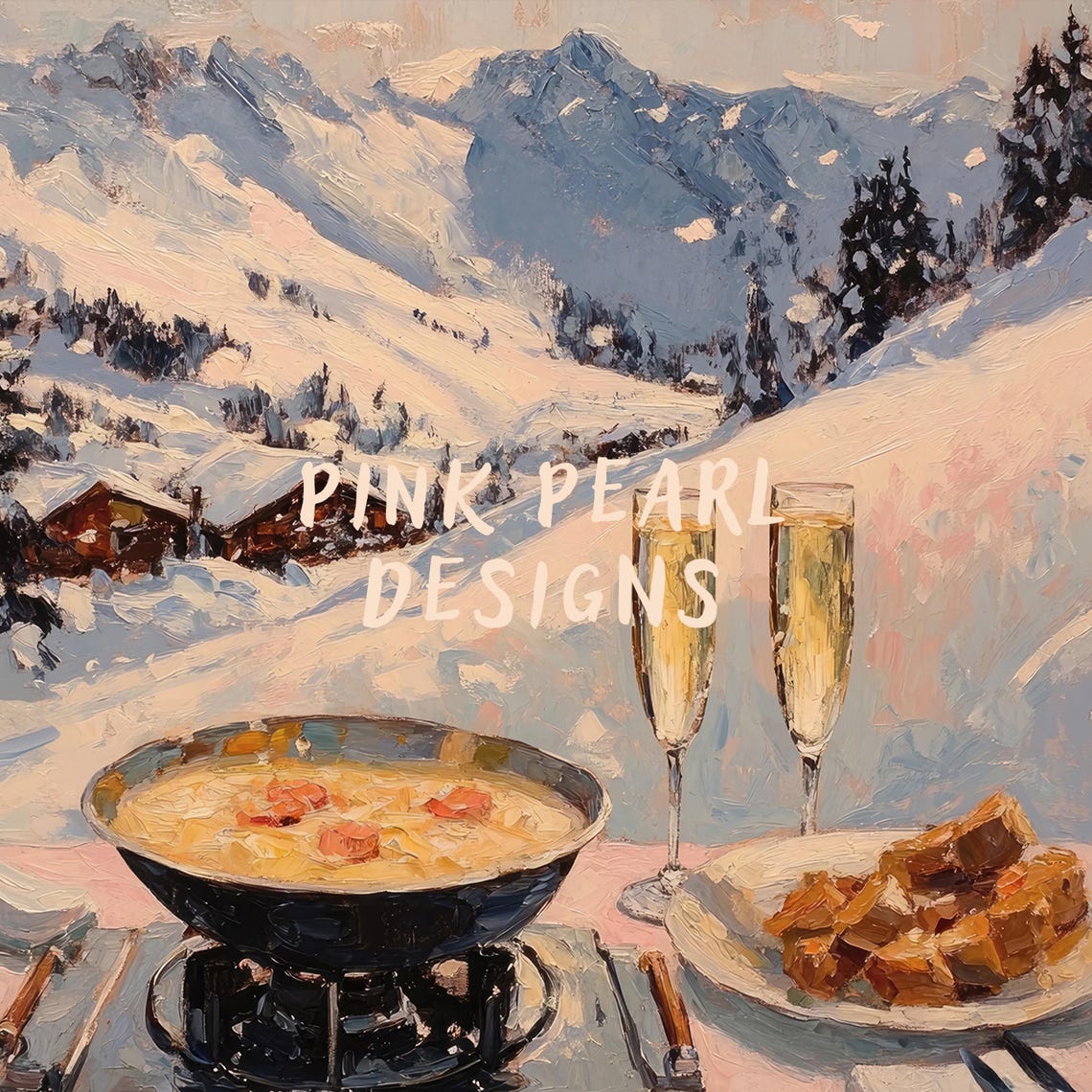 Cheese Fondue With Champagne Alpine Mountain View Art Poster - Image 2