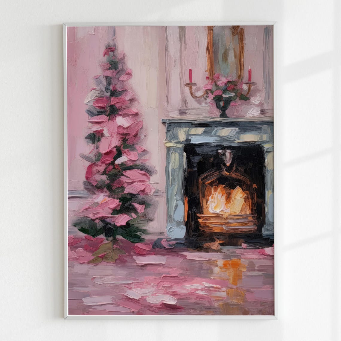 Pink Christmas Tree Cozy Fireplace Pink Holiday Living Room Art Print - Image 5