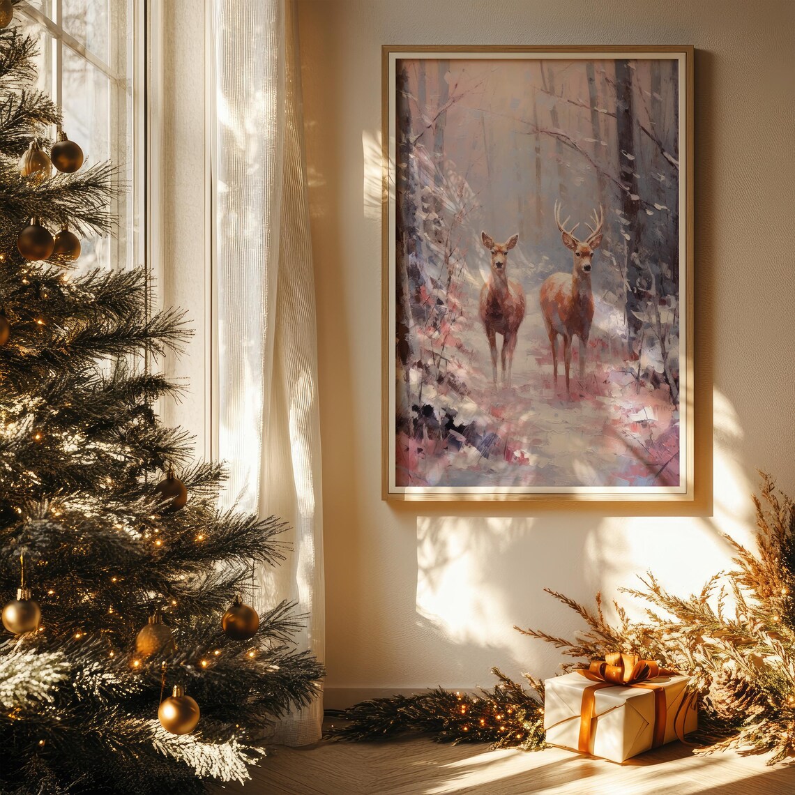 Deer In Forest Preppy Christmas Art Print - Image 3