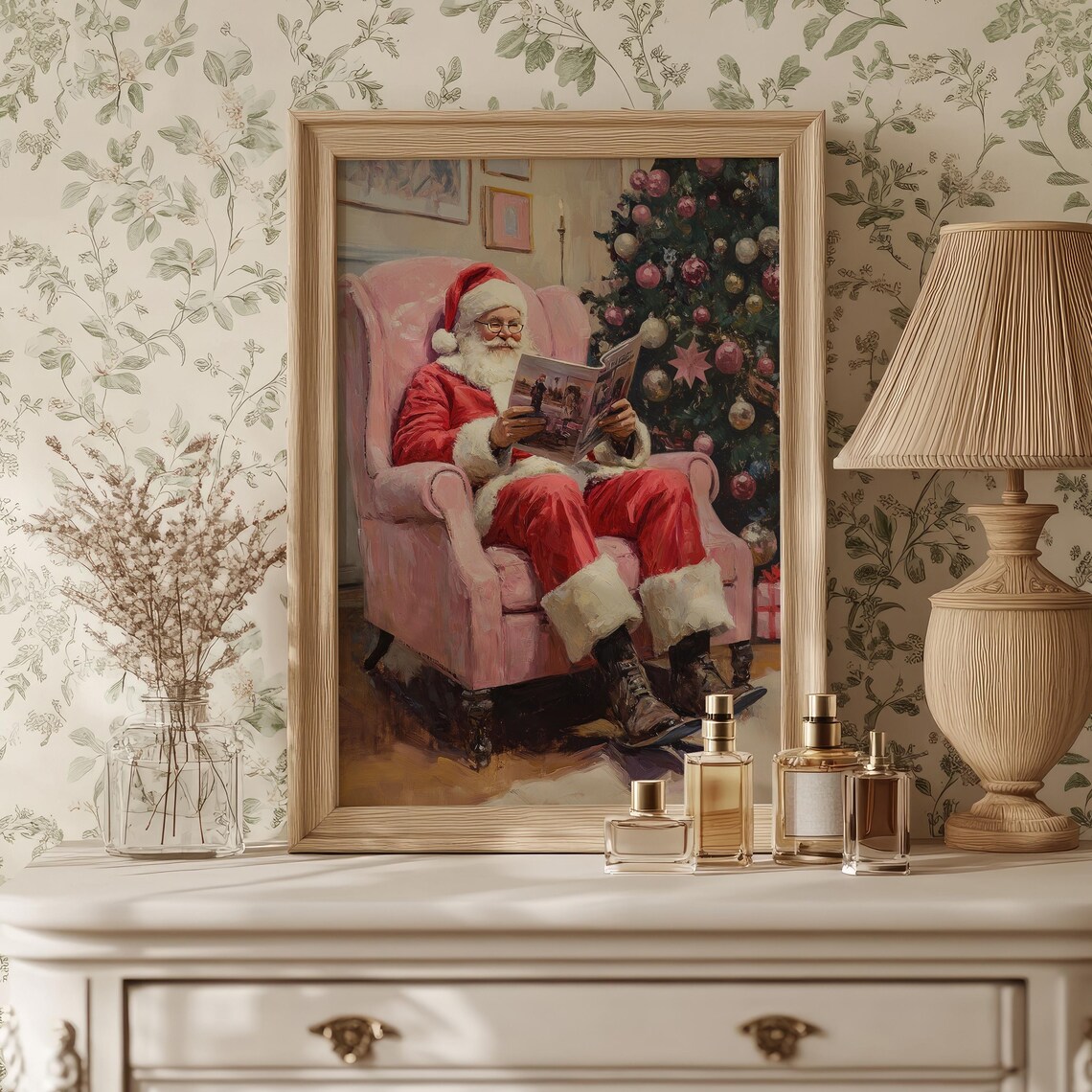 Santa Claus Reading By Christmas Tree Pink Armchair Art Poster - Image 3