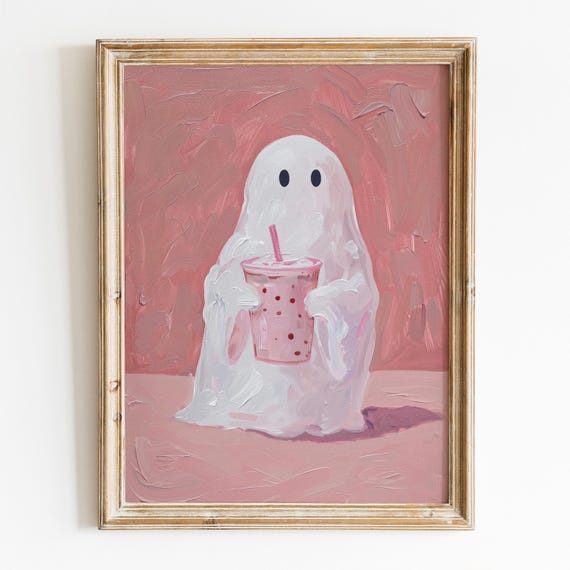 Cute Ghost With Bubble Tea Halloween Wall Art Preppy Halloween Room Decor Trendy Spooky Ghost Pink Wall Art
