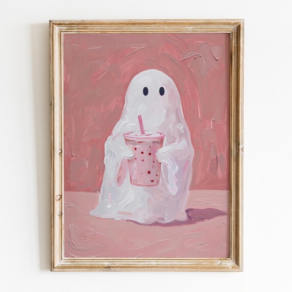 Cute Ghost With Pink Bubble Tea Boba Cup Spooky Sweet Halloween Wall Poster
