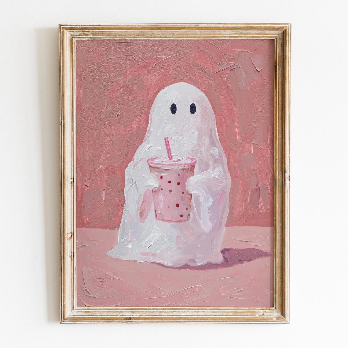 Cute Ghost With Bubble Tea Halloween Wall Art Preppy Halloween Room Decor Trendy Spooky Ghost Pink Wall Art
