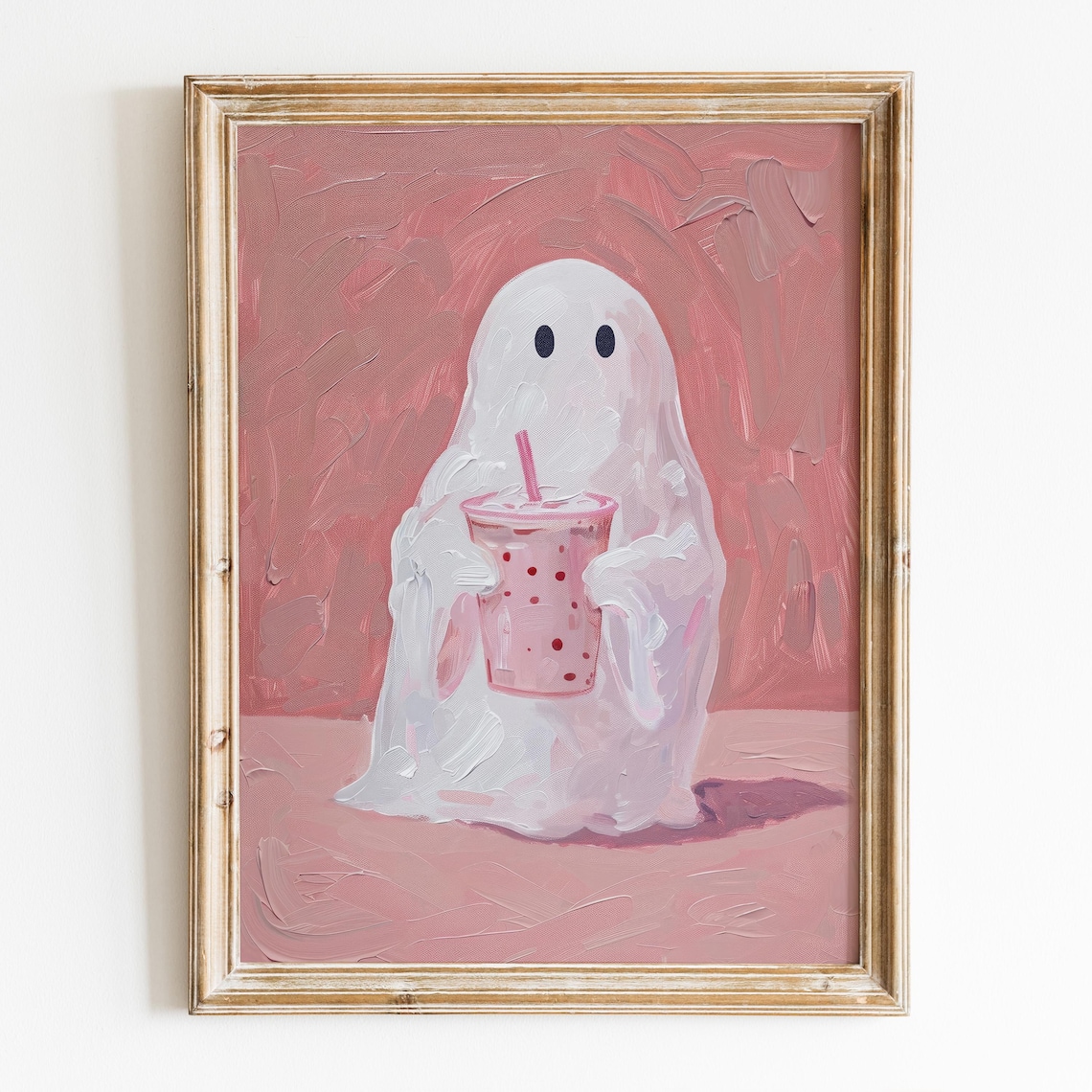 Cute Ghost With Pink Bubble Tea Boba Cup Spooky Sweet Halloween Wall Poster