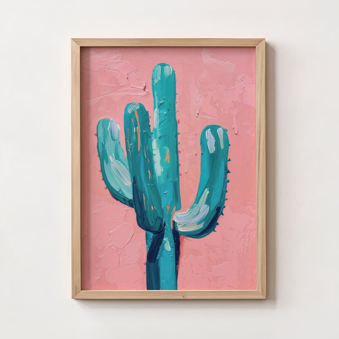 Teal Saguaro Cactus Pink Desert Background Oil Painting Poster - Image 4