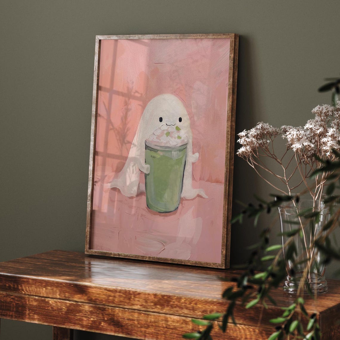 Cute Ghost Holding Matcha Latte On Pink Halloween Wall Art Poster - Image 4