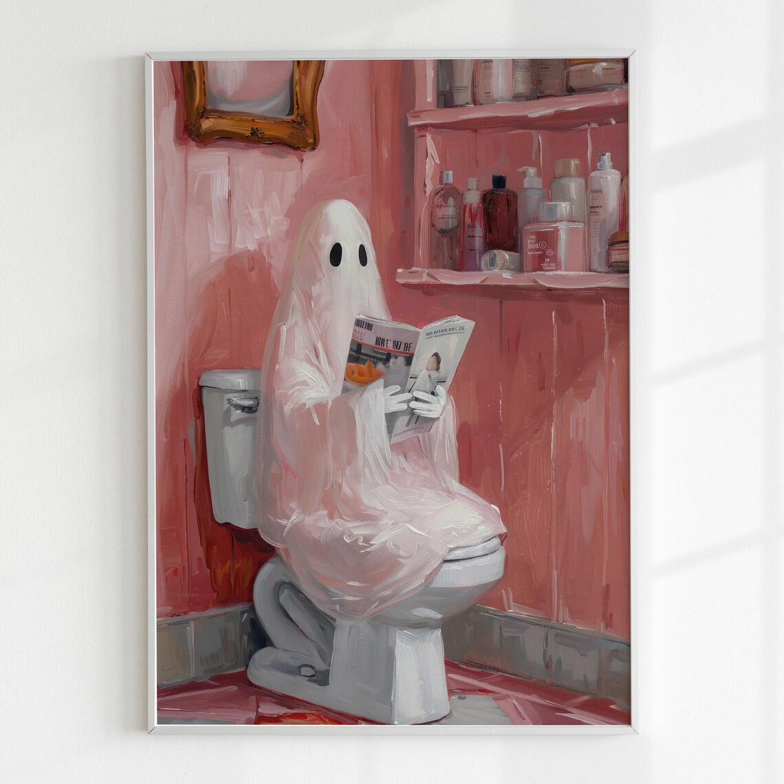 Funny Ghost On Toilet Reading Newspaper Pink Bathroom Halloween Wall Poster - Image 5