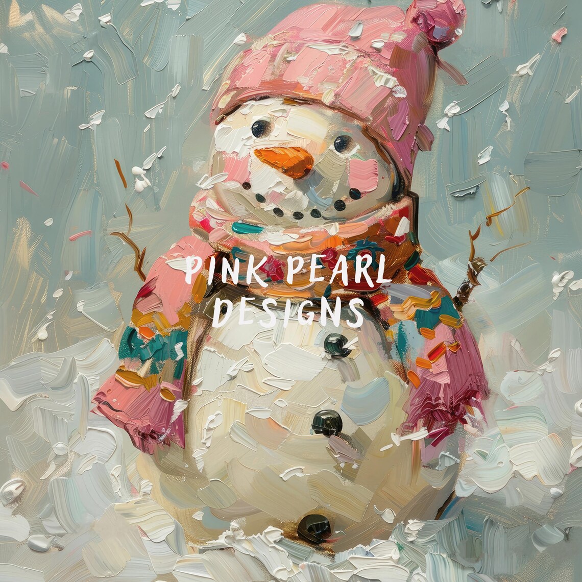 Cheerful Snowman Pink Hat Colorful Scarf Snowy Wall Art Poster - Image 2