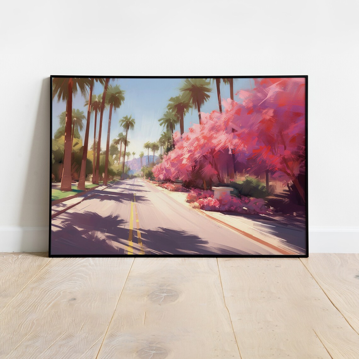 California Palm Tree Lined Road Pink Flowering Trees Travel Poster - Image 4