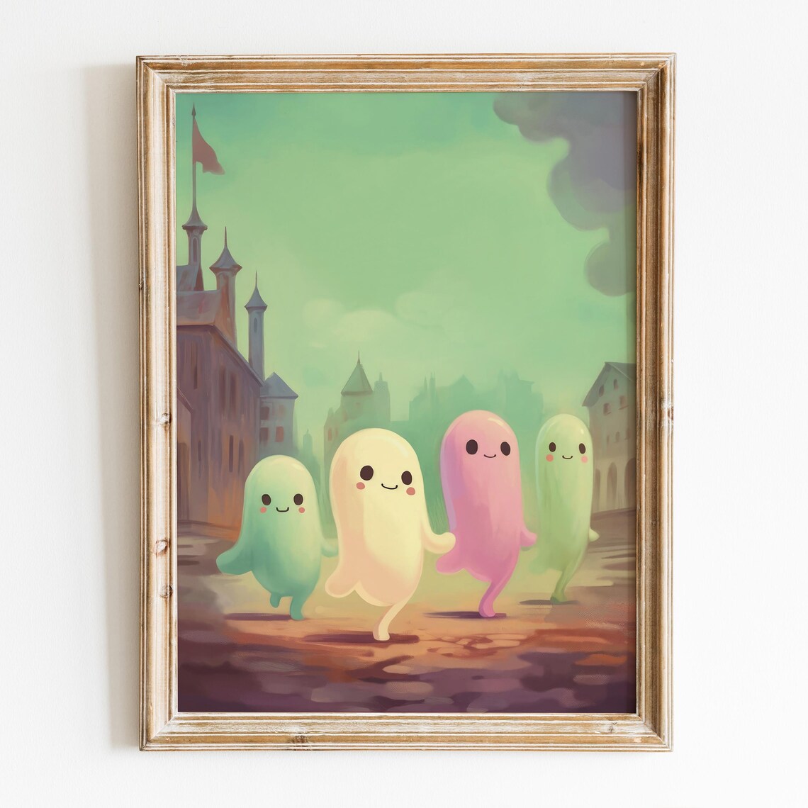 Cute Pastel Ghosts Walking Old Town Square Halloween Nursery Kids Wall Poster