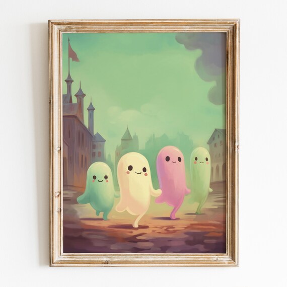 Cute Pastel Ghosts Walking Old Town Square Halloween Nursery Kids Wall Poster
