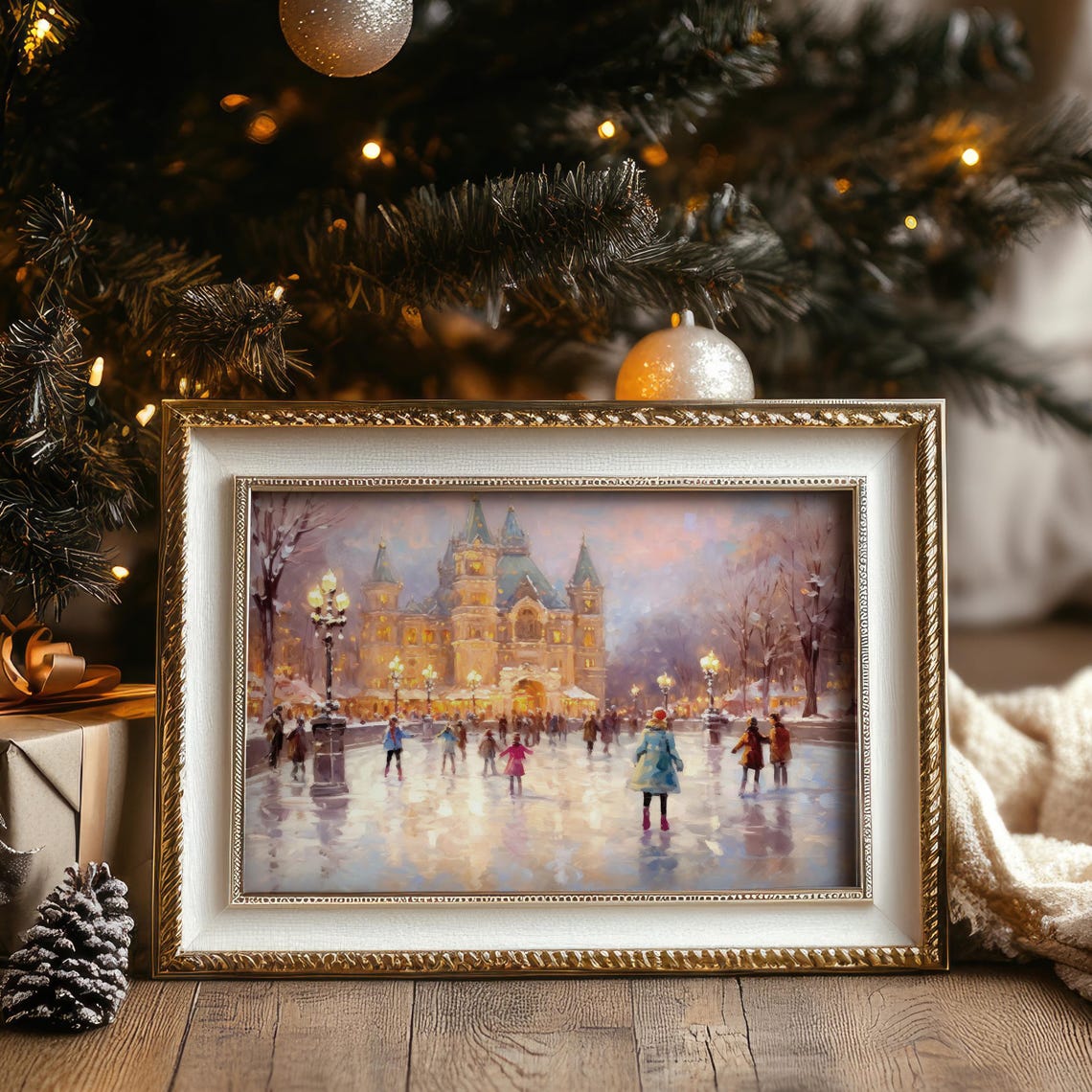 Vintage Ice Skating Rink Grand Building Dusk Christmas Wall Art Print