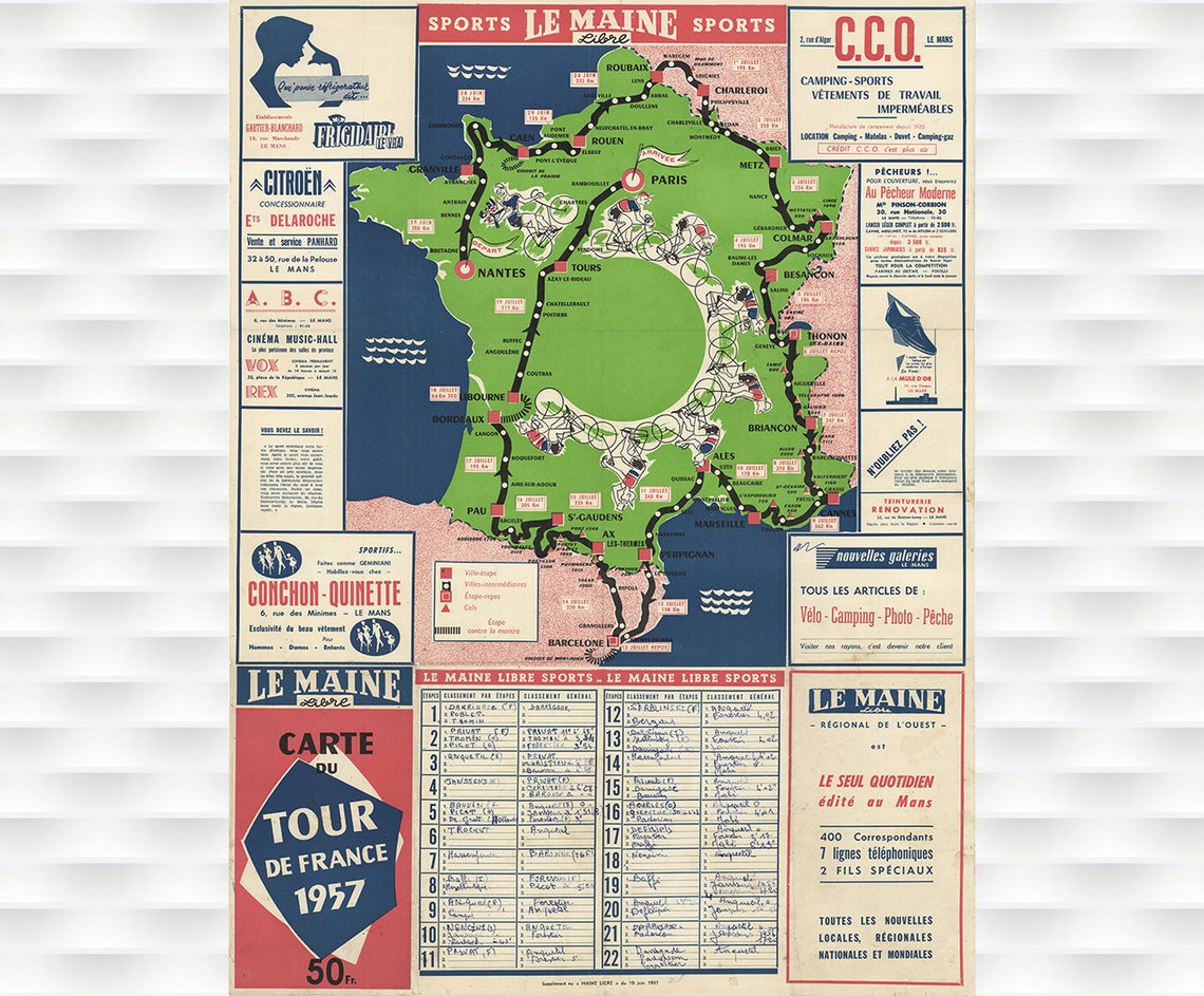 Tour de France 1957 Le Maine Libre Newspaper Route Map Poster