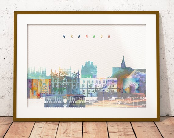 Granada Spain Cathedral Old Town Watercolor Skyline Poster Art