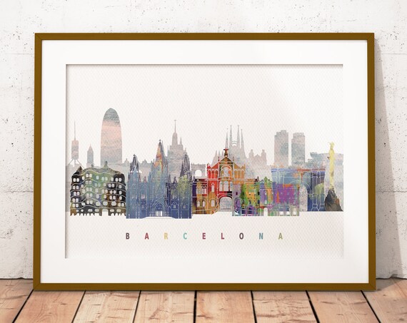 Barcelona Watercolor City Skyline Spain Sagrada Familia Print Modern