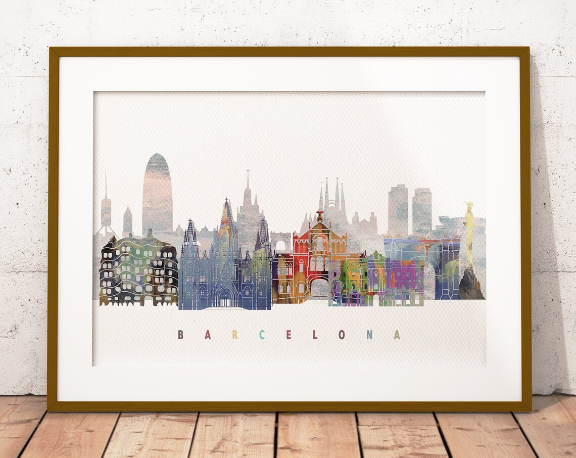 Barcelona Watercolor City Skyline Spain Sagrada Familia Print Modern