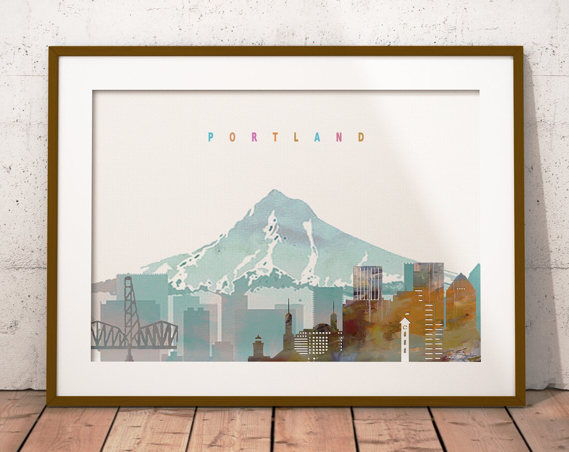 Portland Watercolor Skyline Mountain Bridge Home Decor Poster