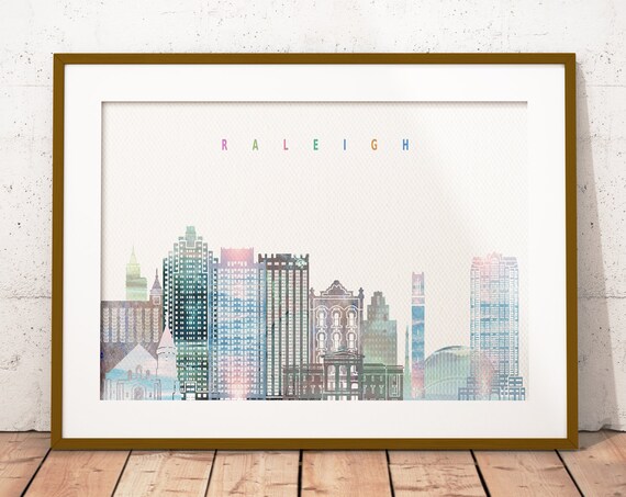Raleigh North Carolina Watercolor Skyline Pastel Letter Art Poster