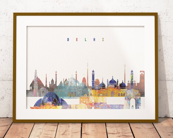 Delhi Watercolor City Skyline India Gate Landmark Print Modern Gift