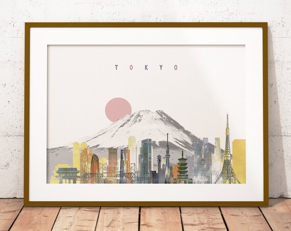 Tokyo Japan Iconic Mount Fuji Watercolor City Skyline Art Poster