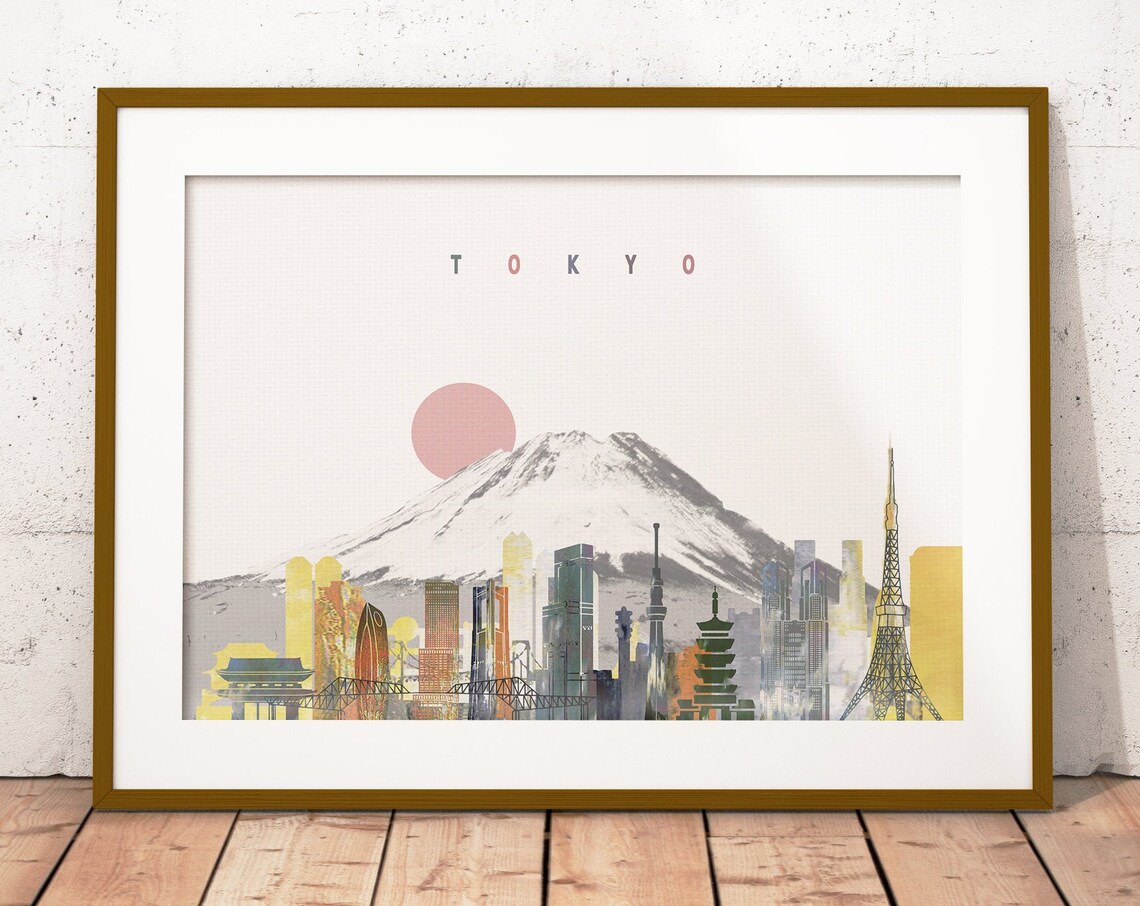Tokyo Japan Iconic Mount Fuji Watercolor City Skyline Art Poster