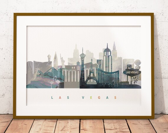 Las Vegas Nevada Watercolor Skyline Strip Resort Landmarks Poster