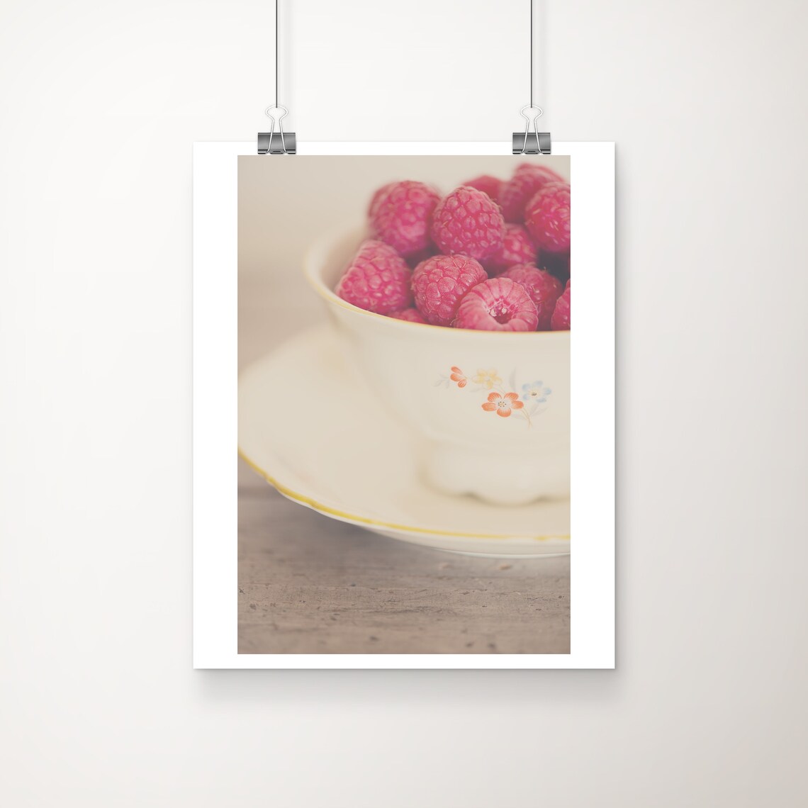 Fresh Raspberries in Vintage Floral Teacup Photography Poster