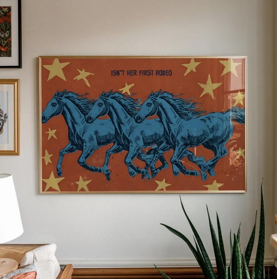 Western Cowgirl Wall Art Print Isnt Her First Rodeo Poster Blue Horses With Stars Retro Decor Country Girl Bedroom