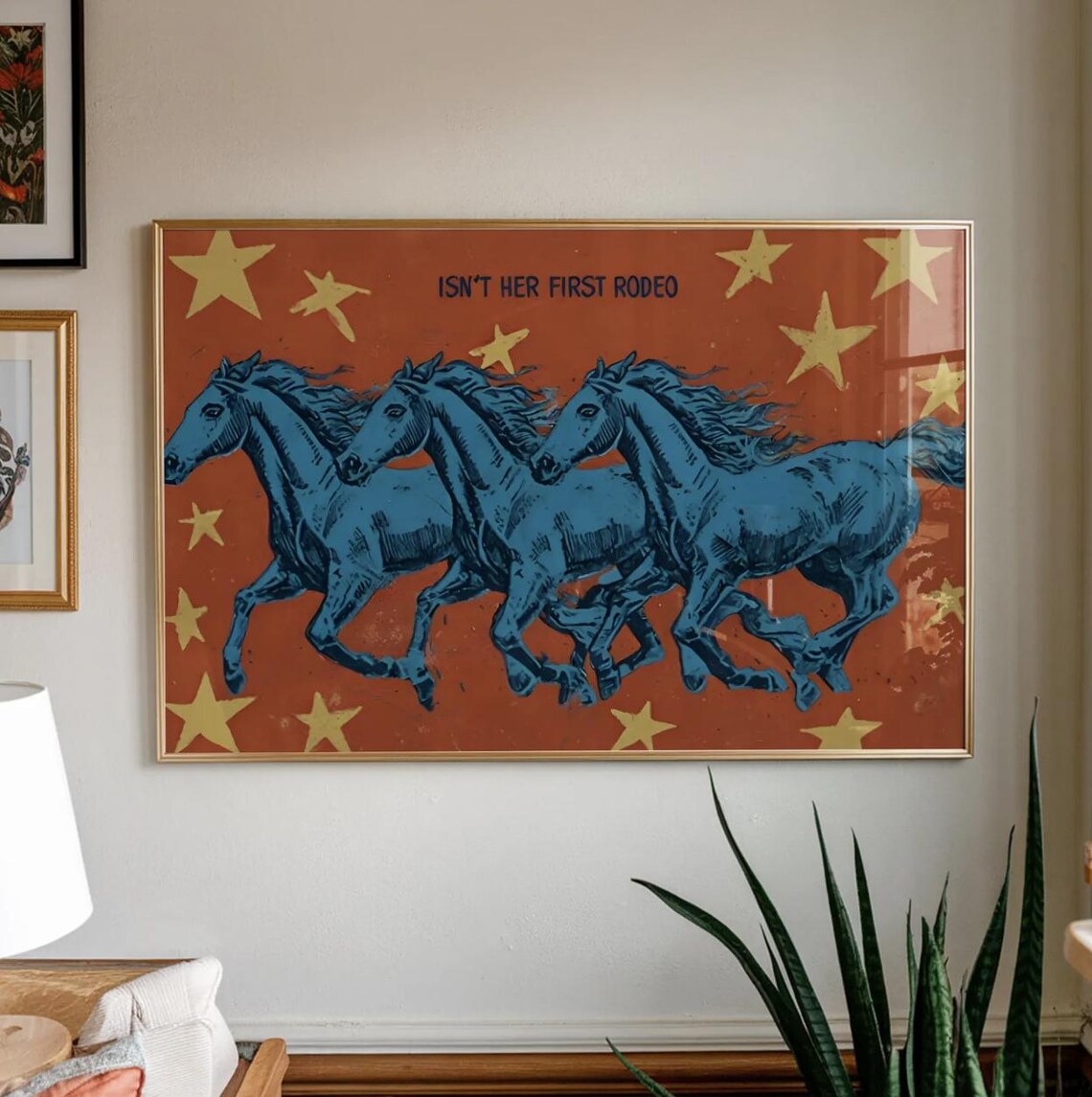 Western Cowgirl Wall Art Print Isnt Her First Rodeo Poster Blue Horses With Stars Retro Decor Country Girl Bedroom