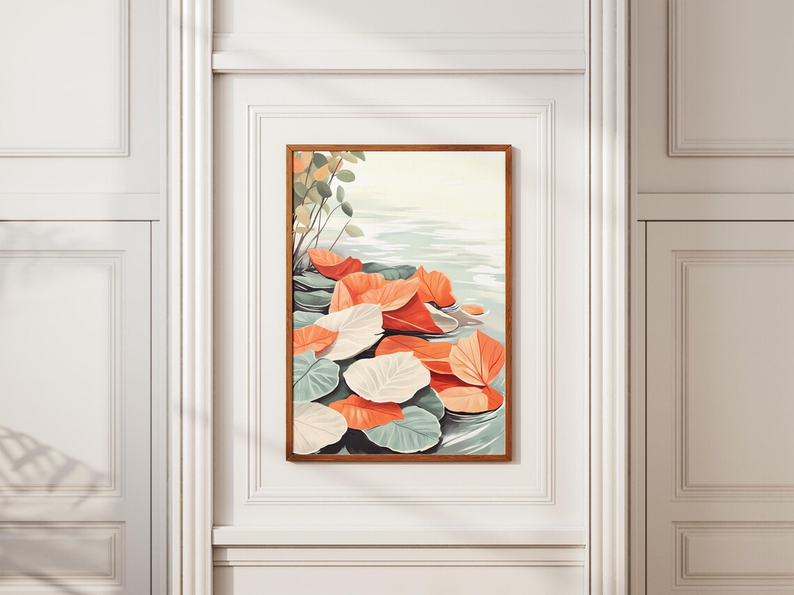 Floating Autumn Leaves on Calm Rippling Water Botanical Art Poster - Image 2
