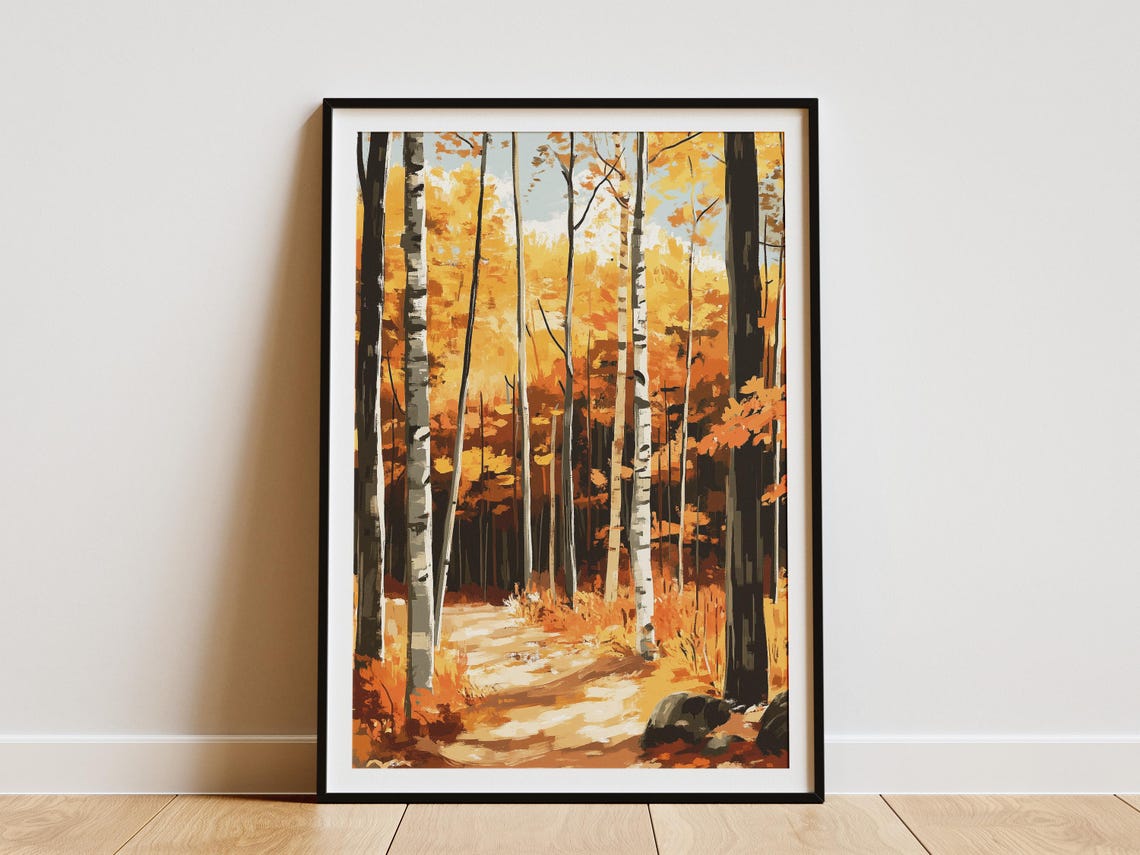 White Birch Trees In Golden Autumn Woods Sunlit Trail Poster